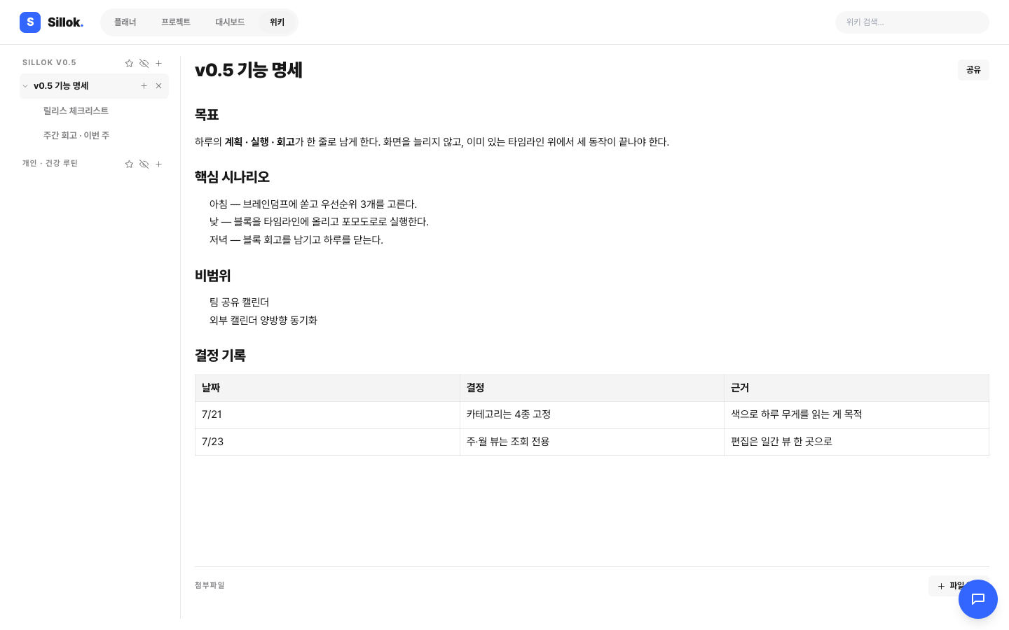 위키 화면 — 왼쪽에 프로젝트별 페이지 트리, 오른쪽에 마크다운으로 작성된 기능 명세 문서와 공유 버튼, 아래에 첨부파일 영역